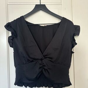 Black Flutter Sleeve Crop Top with Tie Front
